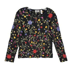 Chicos Black Long Sleeve All Over‎ Embroidered Top Tee Size 1/M/8 Cotton